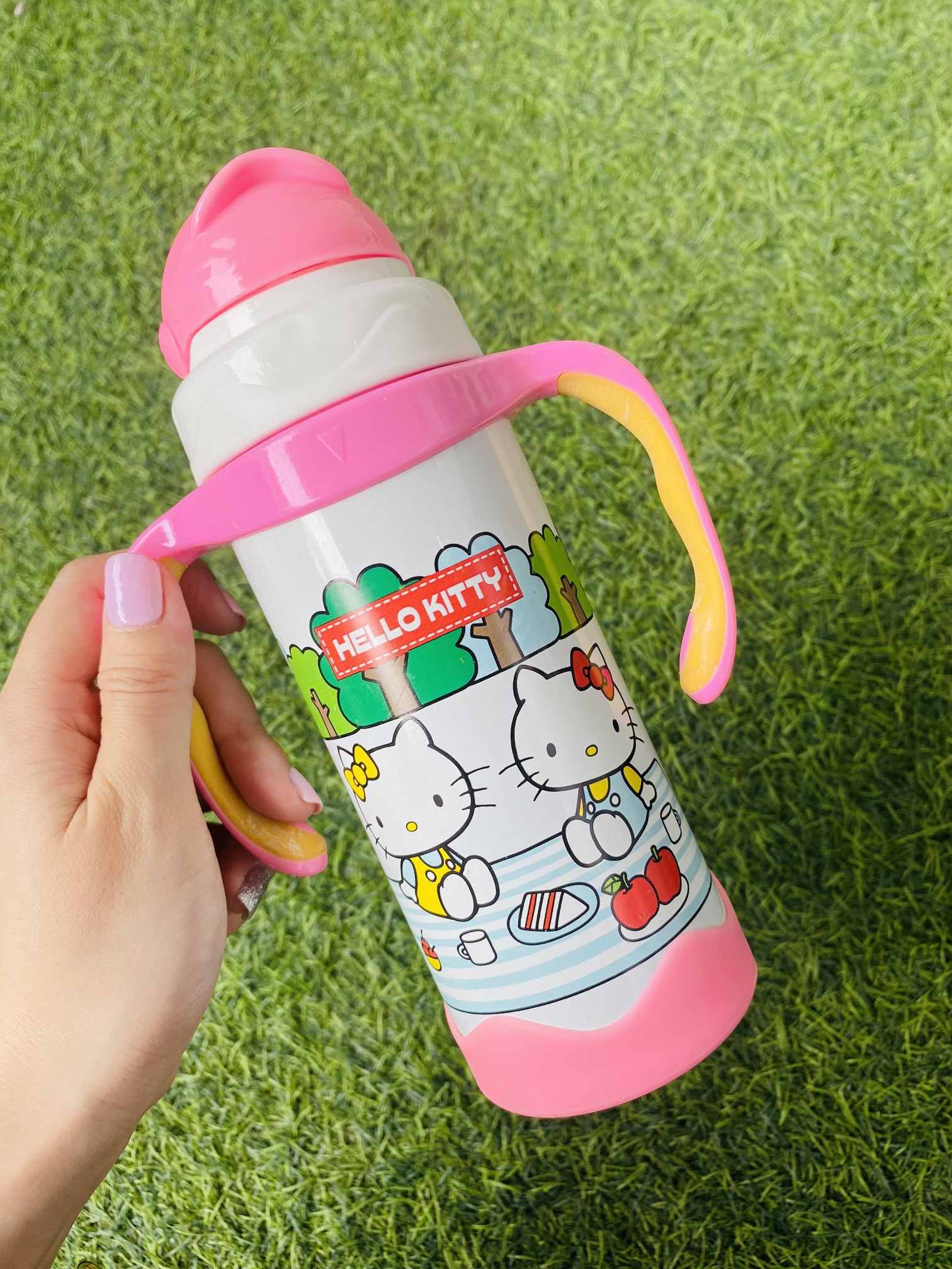 Bình nước giữ nhiệt có 2 quai cầm và ống hút hình Mèo Kitty cho trẻ em, bé gái -  - KT3605