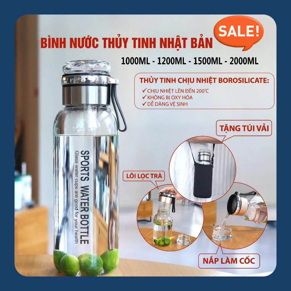 Bình Thủy Tinh 2 Lớp Pha Trà - Cách Nhiệt Tốt - Có Lõi Lọc Inox 304 - Dung Tích 750ml - Hàng Loại 1 TẶNG KÈM TÚI Văn Phòng Du Lịch Dã Ngoại