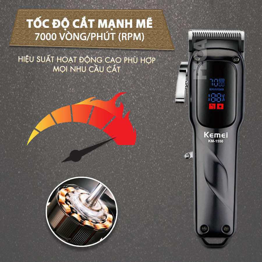 Tông đơ cắt tóc chuyên nghiệp Kemei KM-1550 cống suất mạnh 5W màn hình LCD sạc nhanh USB type C tiện lợi - Chính hãng