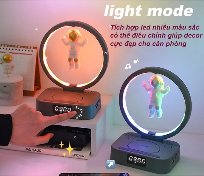 Cao cấp - Đèn Ngủ Công Nghệ Kiêm Loa Bluetooth đa năng, sạc không dây, Đồng hồ, đèn led RGB Maglev Astronaut in Space