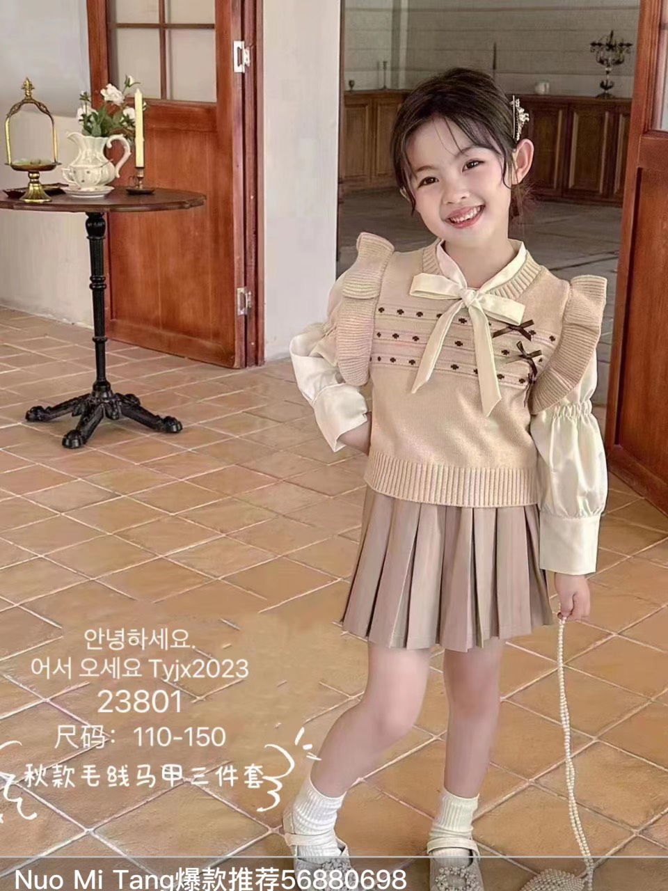 Set váy cho bé gái 3-8 tuổi đính 3 nơ và thỏ. Váy thu đông trẻ em phong cách Hàn Quốc kiểu dáng thời trang