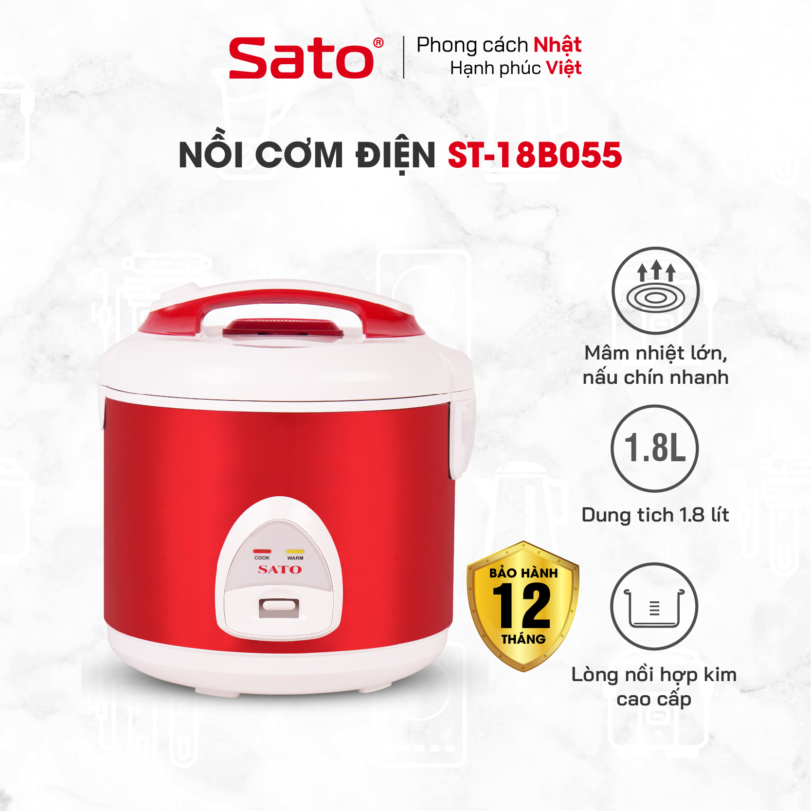 Nồi cơm điện SATO 18B055 1.8L - Thiết kế sang trọng, hiện đại, màu sắc trang nhã - Miễn phí vận chuyển toàn quốc - Hàng chính hãng