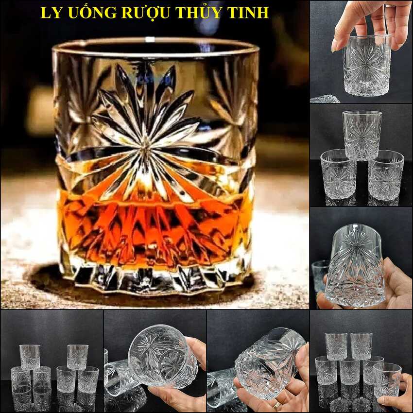 Ly Uống Rượu Thủy Tinh 215ML Trụ Tròn hoa văn Lá cao cấp – Bộ Ly Uống Rượu Đẹp
