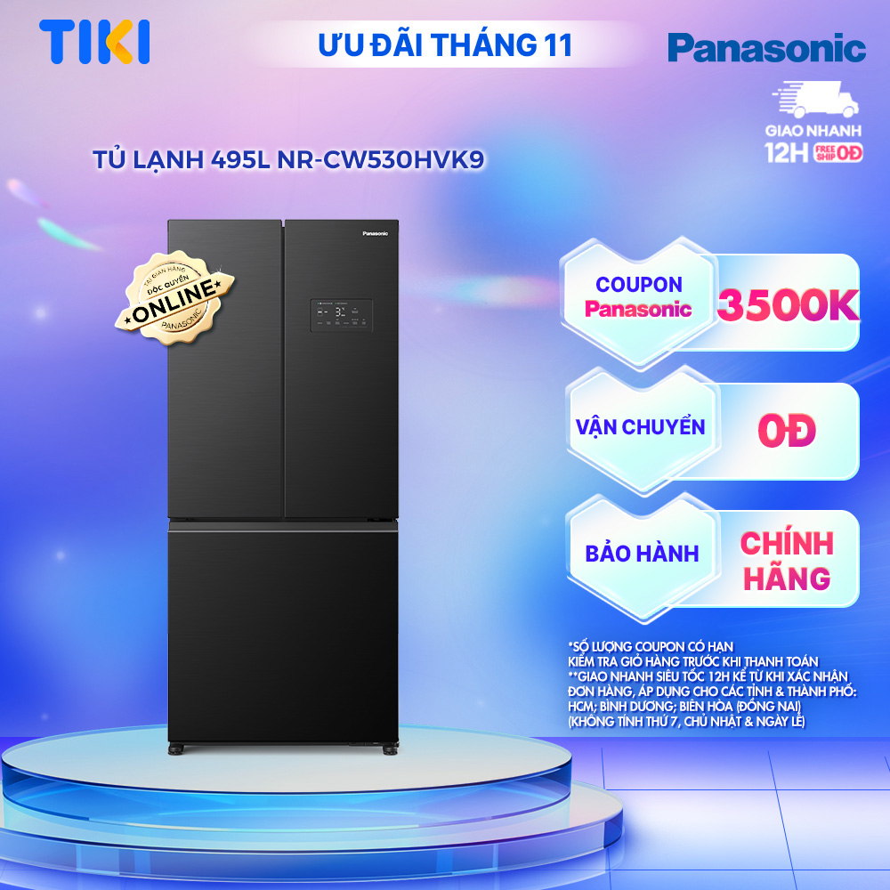 [Chỉ giao hàng miền Bắc] Tủ lạnh Panasonic Vô Hiệu Hóa Vi Khuẩn 495L NR-CW530HVK9 3 Cánh - Cấp Đông Mềm - Cấp đông Siêu Tốc - Ngăn Đá Dưới - Hàng chính hãng
