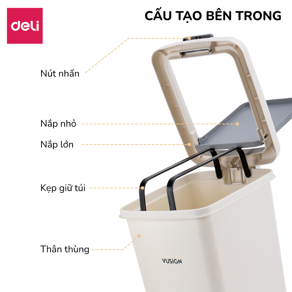 Thùng rác đạp 10,15L mở 2 cách có kẹp túi Deli Thùng rác nắp bật nhấn nút sọt rác phòng khách phòng ngủ