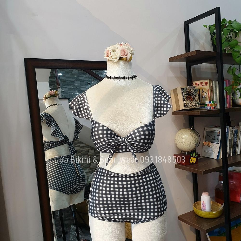 Bikini 2 mảnh caro đen cạp cao