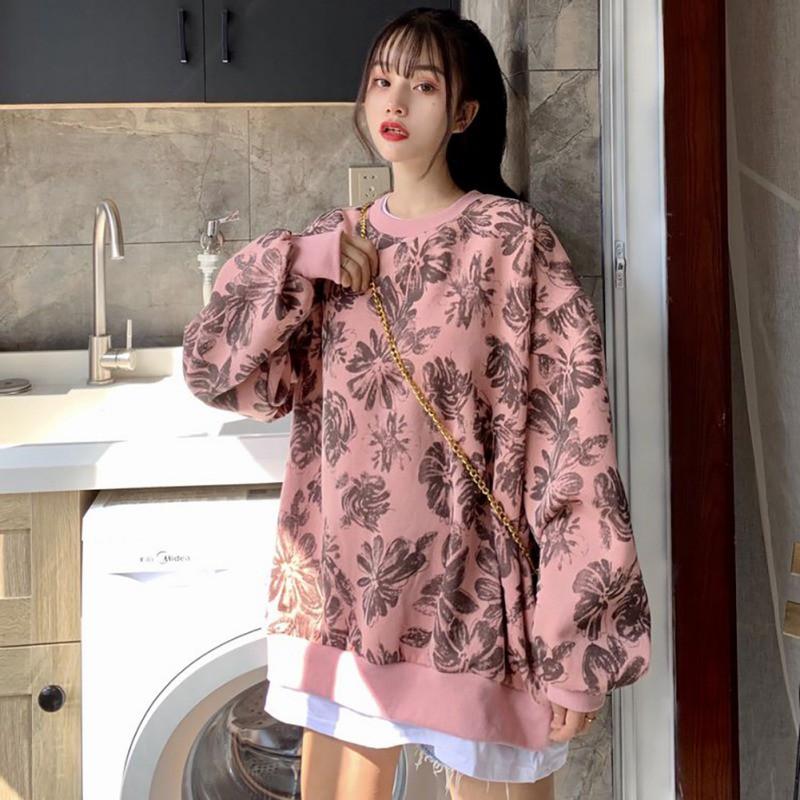 Áo thun sweater dáng rộng tay dài in hình dễ thương
