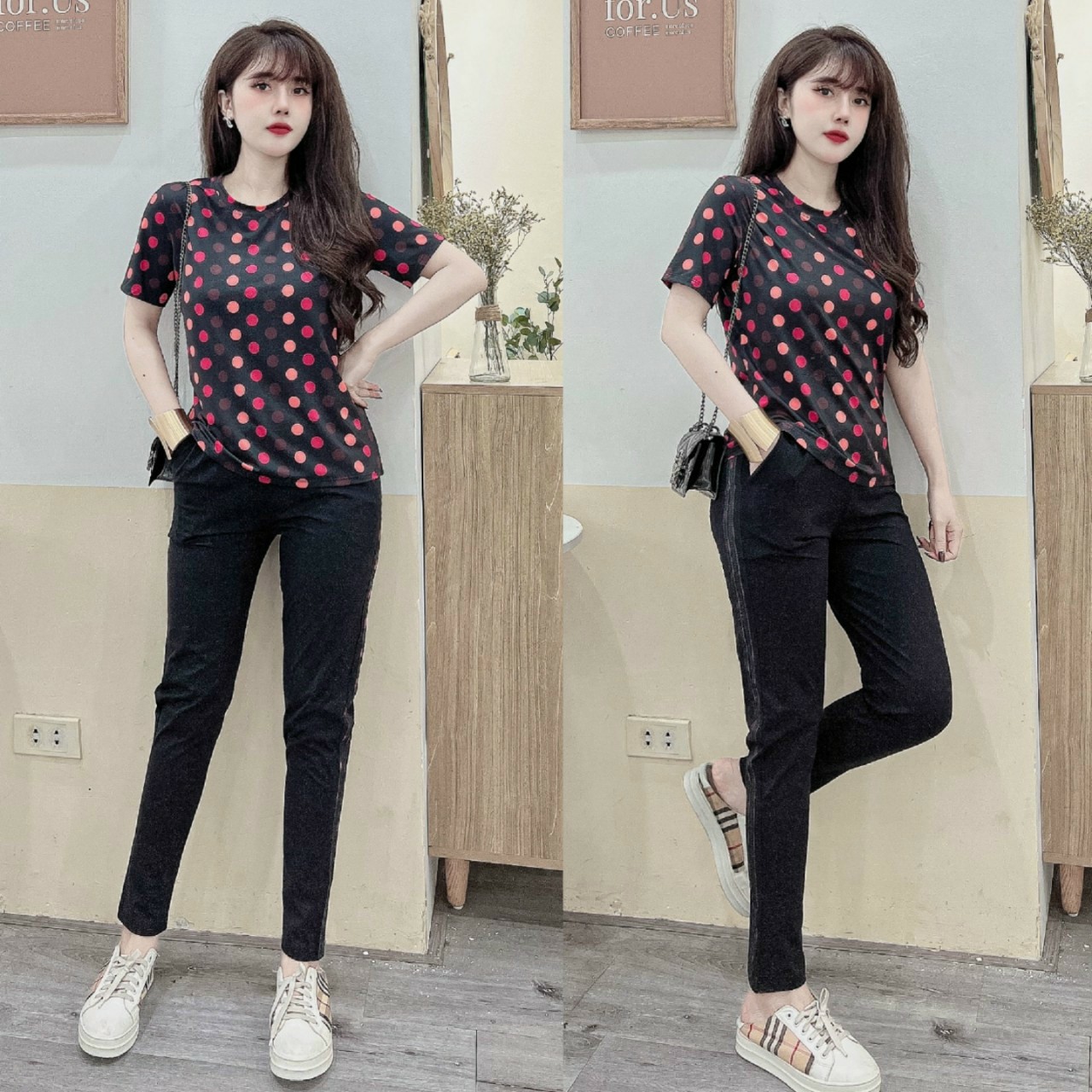 Đồ bộ dài thun cotton dáng thể thao chấm bi màu (2 màu: đen, kem