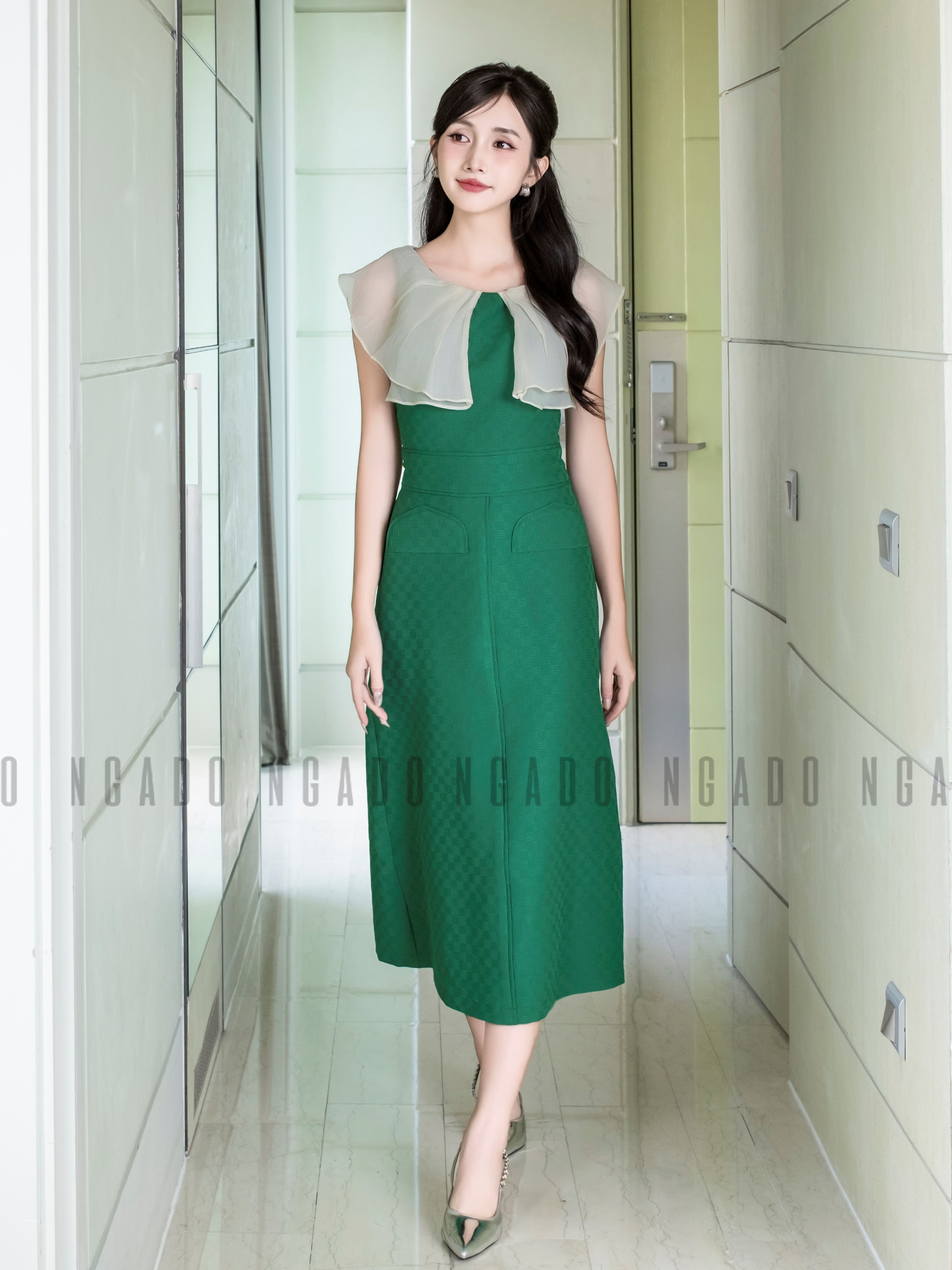 Đầm xanh phối voan kem NGADO , Đầm dự tiệc , Đầm dạo phố