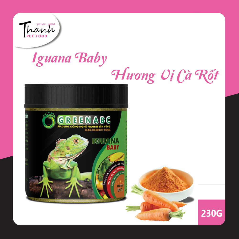 Thức ăn bò sát Iguana Baby nhãn GREENABC vị cà rốt dùng cho Iguana từ mới nở cho đến 9x – Tăng trưởng nhanh, lên màu đẹp, phòng chống MBD, teo đuôi – Hộp 230g