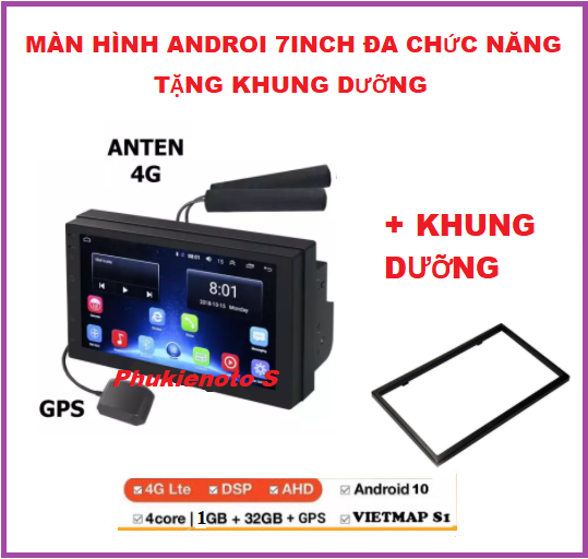 Tặng bản đồ Vietmap s1 và KHUNG DƯỠNG .Màn hình cảm ứng LCD Full HD  Android 10.0, đầu dvd androi 7inch có tiếng Việt lắp chung cho nhiều dòng xe lắp sim 4G-thu phát wifi ram1G-rom32G,màn hình ô tô.