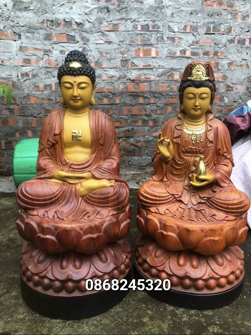 Cặp tượng phật bà quan âm bồ tát và phật adi đà bằng gỗ hương đá pu giả cổ kt cao 40×20cm