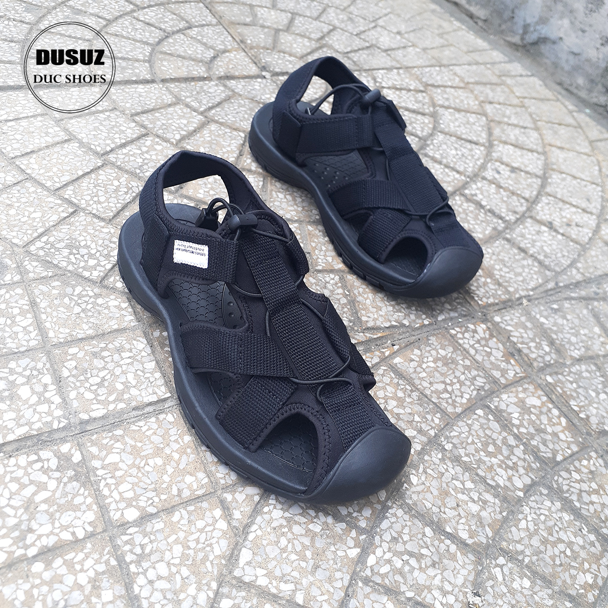 Giày sandal nam có size To hàng xuất khẩu dây rút bền và êm chân vải dù màu đen