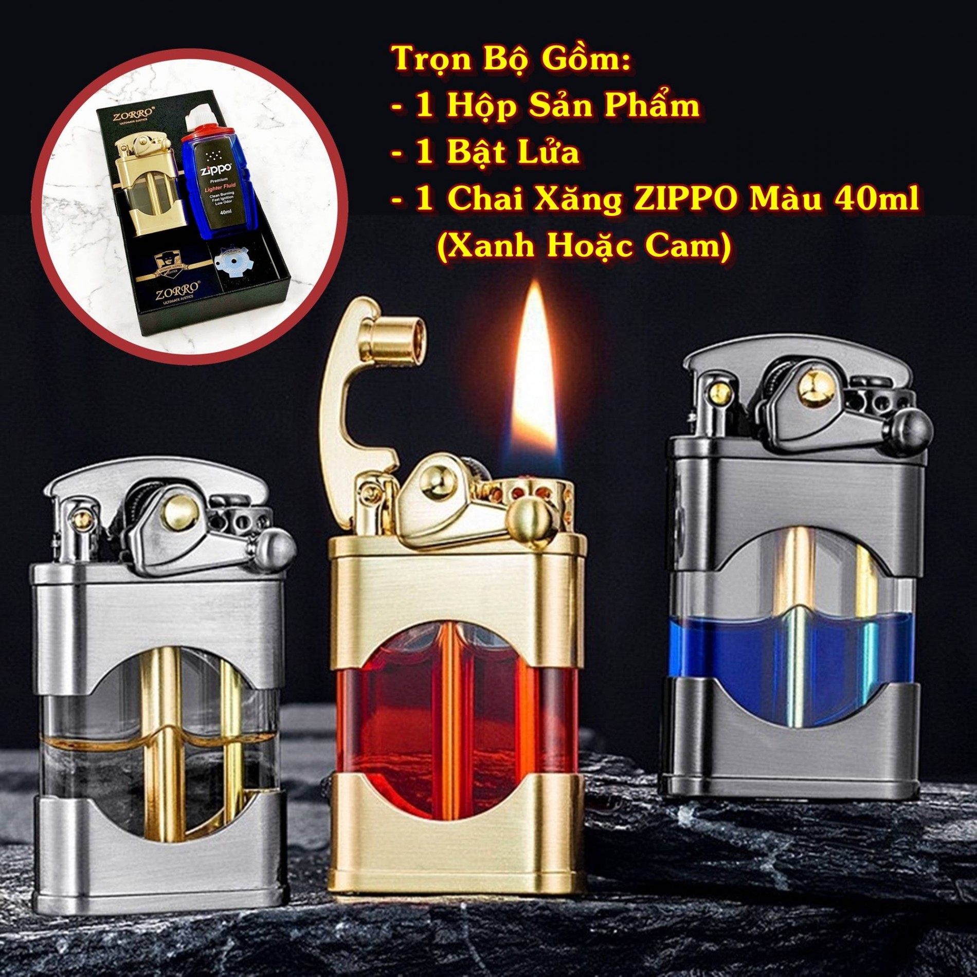 SET Bật lửa hột quẹt xăng lộ thiên Z660 búng tay đánh lửa kèm chai xăng - xài xăng