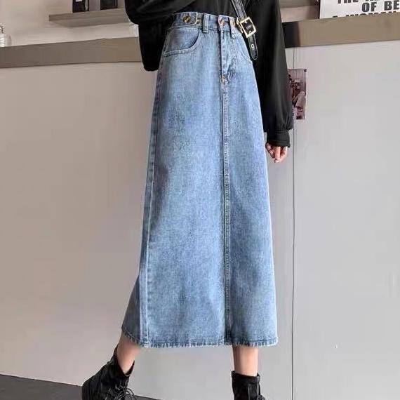 Váy jean dài cạp cao, váy jean xòe xẻ gấu phong cách_a9