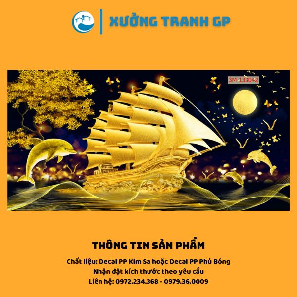 Tranh Dán Tường 3D Gia Phạm Phòng Khách Thuận Buồm Xuôi Gió Có Sẵn Keo - Nhận Đặt Kích Thước Theo Yêu Cầu - Kim Sa - 50X100Cm