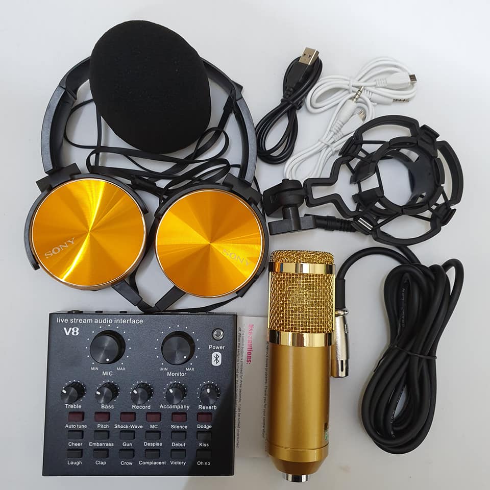 combo Bộ Míc Thu Âm Livestream Hát Karaoke Online Micro BM-900+ CARD V8 Bluetooth Tặng Tai 450
