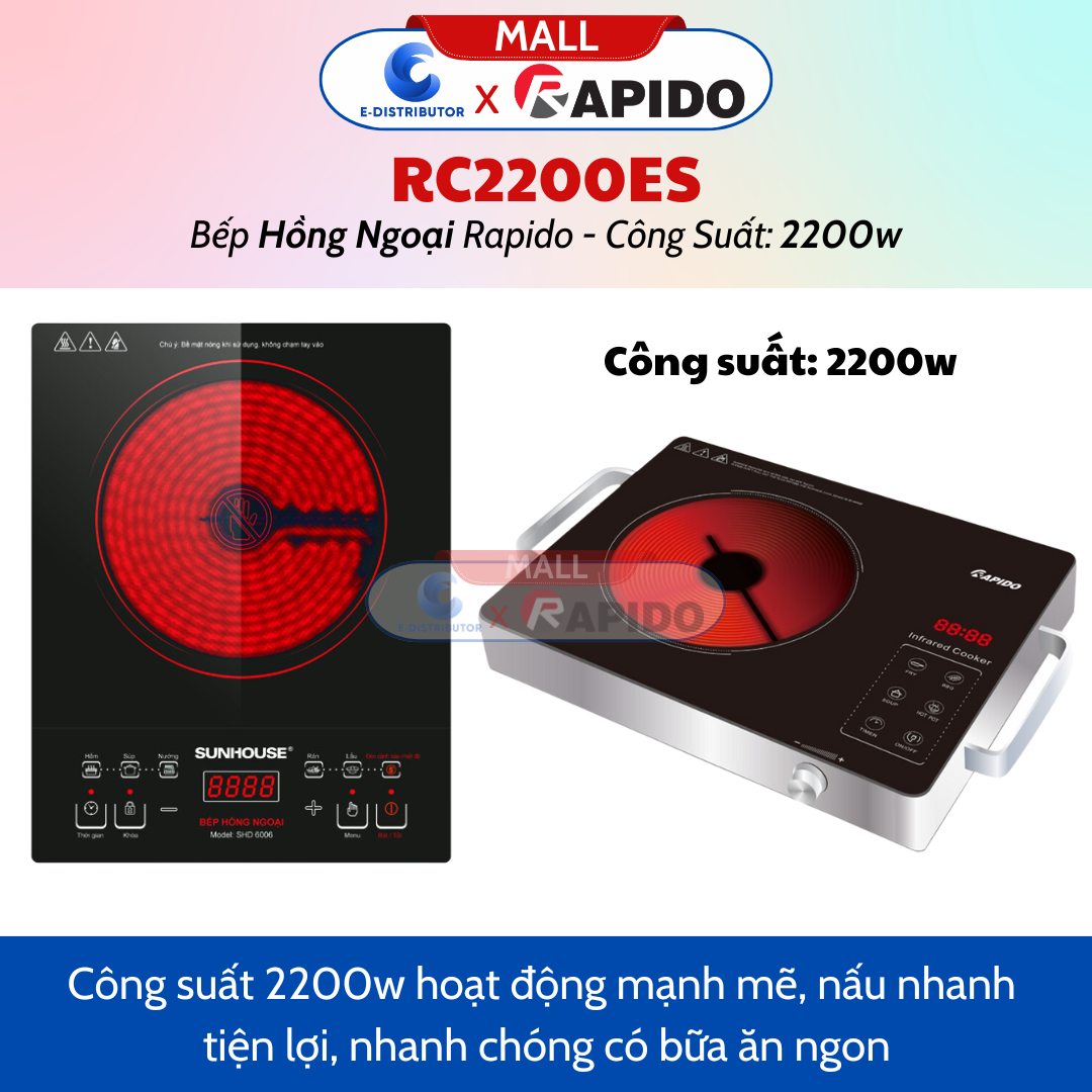 Bếp Hồng Ngoại Đơn RC2200ES -  Công Suất 2200W - Dùng Được Cho Tất Cả Các Loại Nồi, Chảo - Bảo Hành 12 Tháng - Hàng Chính Hãng
