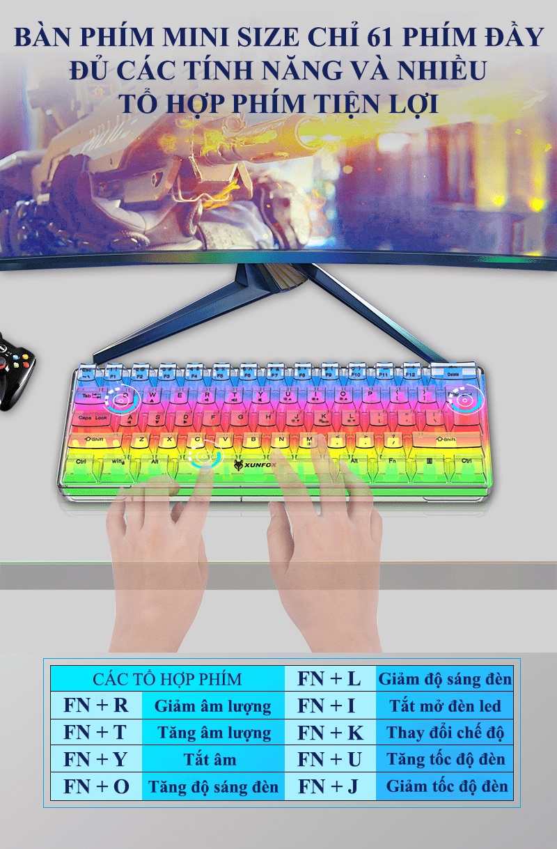 Bàn phím mini có dây XUNFOX K20 thiết kế trong suốt độc đáo với đèn led RGB cực đẹp - HN - HÀNG CHÍNH HÃNG