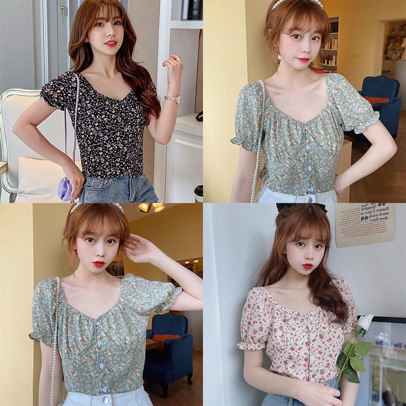 Áo Kiểu Chiffon Tay Ngắn Cổ Vuông In Họa Tiết Xinh Xắn Cho Nữ
