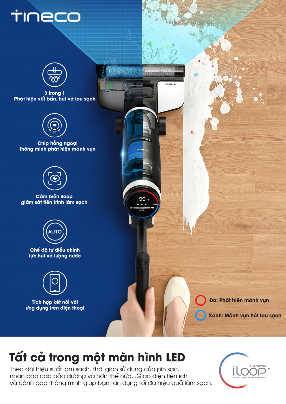 Combo Máy Hút Bụi Lau Nhà Thông Minh Tineco Floor One S3 - Xử Lý Khô & Ướt - Tự Động Vệ Sinh + Trục Lăn + Nước Lau Sàn
