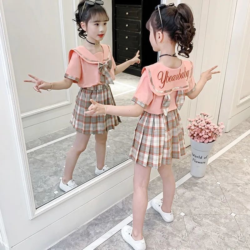 Bộ váy + áo ngắn tay màu hồng phong cách Hàn Quốc hiện đại trẻ trung cho bé cao từ 110-160cm