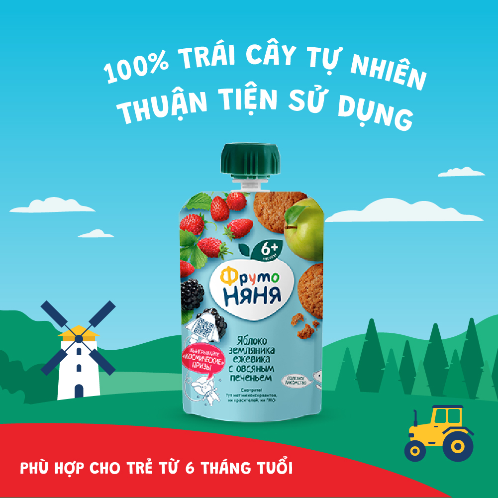 Trái cây nghiền vị táo, dâu đất, mâm xôi đen và bánh yến mạch Fruto Nyanya 90g