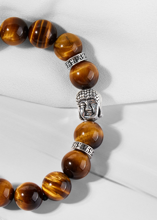 Vòng đá mắt hổ vàng nâu phối charm phật bạc Ngọc Quý Gemstones
