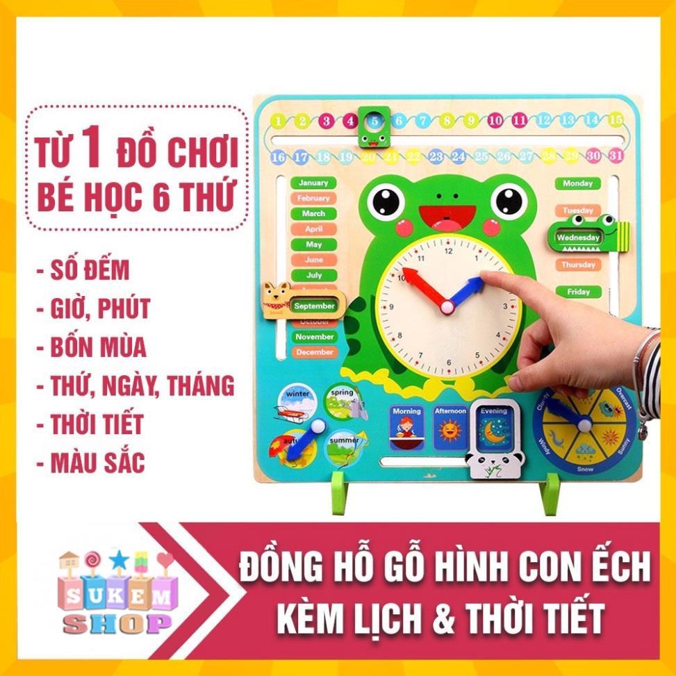 Đồng hồ kèm lịch gỗ hình chú ếch đa chức năng 7in1