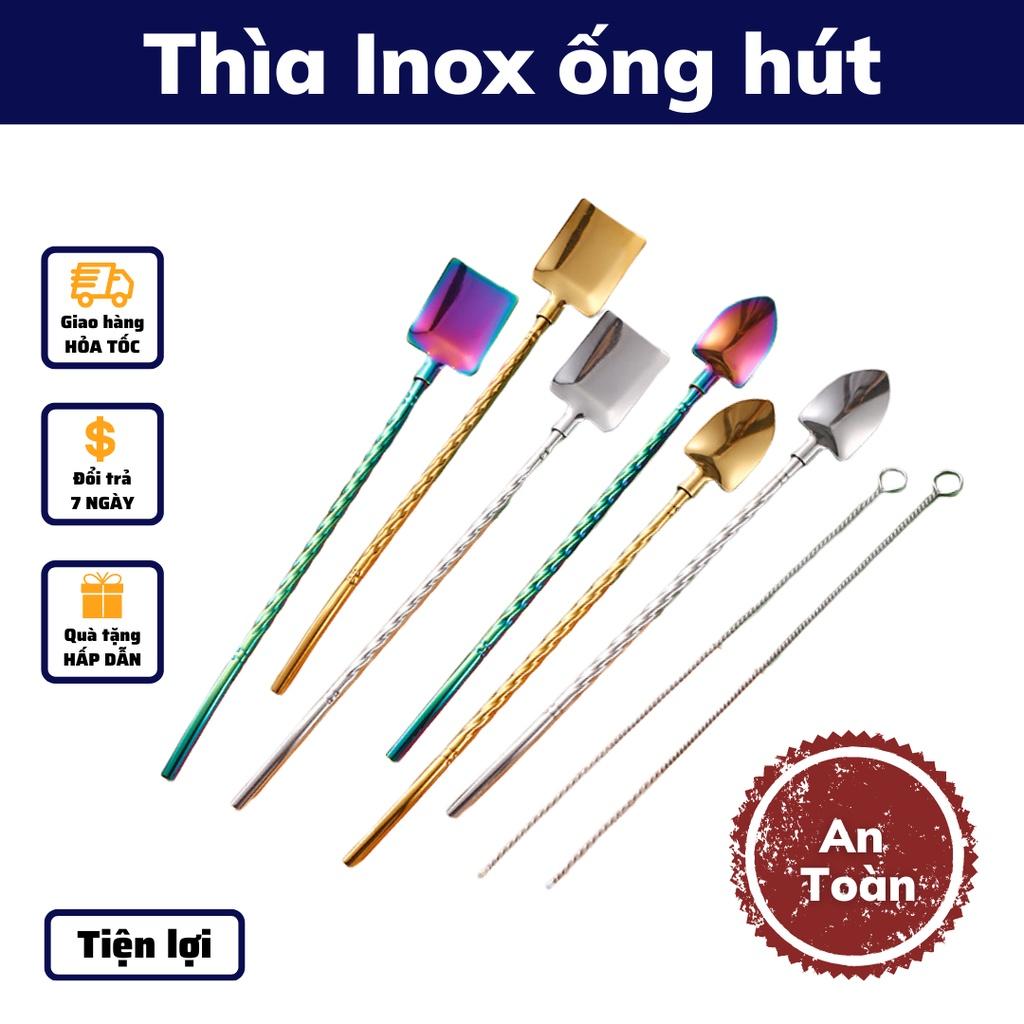 Thìa inox ống hút muỗng inox thìa cute muỗng cà phê dụng cụ pha chế an toàn thiết kế đẹp mắt ống hút inox và cọ