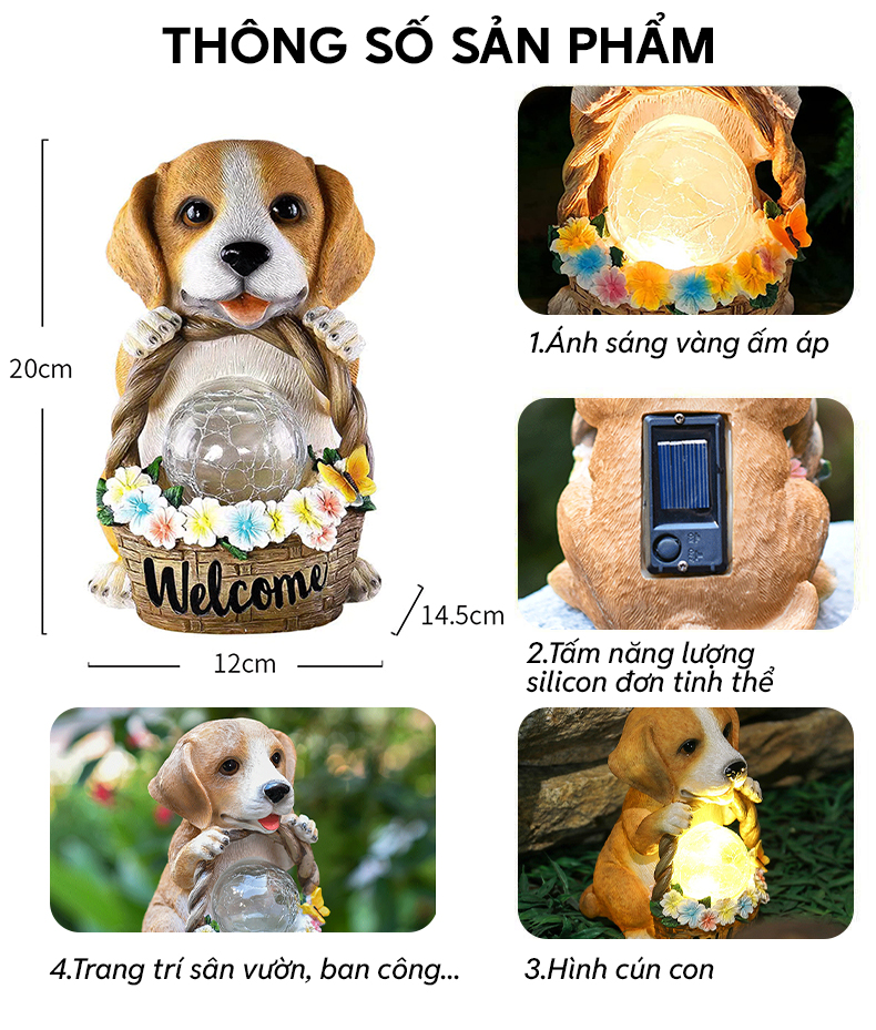 Đèn trang trí năng lượng mặt trời hình cún bóng thủy tinh, tiết kiệm điện, bóng siêu sáng, chống thấm nước - DA3177