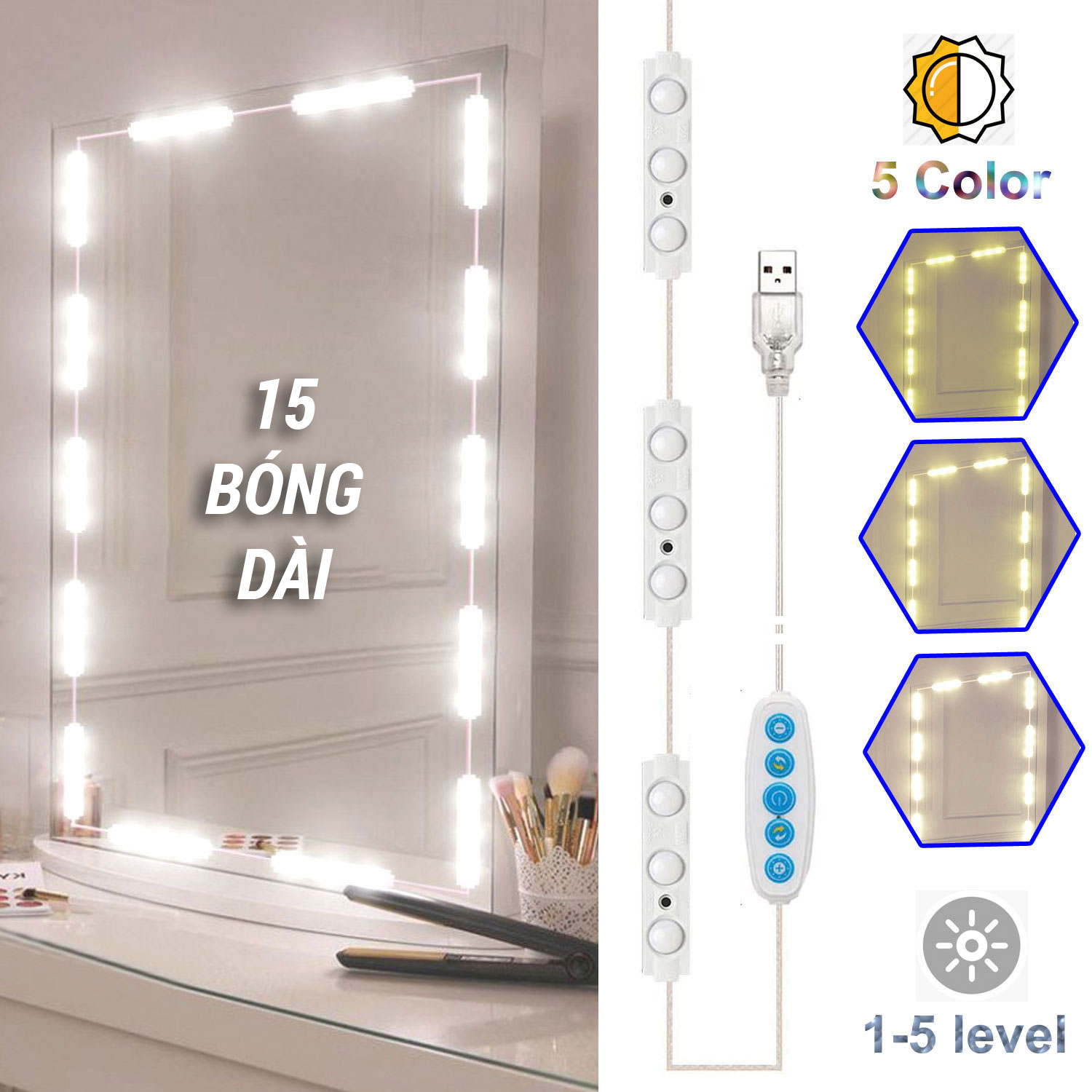 Hình ảnh Dây Đèn LED Trí Gương Bàn Trang Điểm 15 Bóng Dài 5 Chế Độ Sáng, Chống Nước