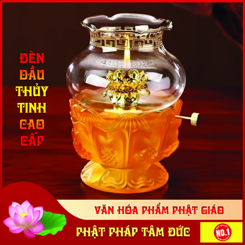 Đèn dầu thủy tinh, đèn dầu lưu ly, đèn dầu cao cấp, đèn dầu để ban thờ, đèn dầu hoa sen - Tặng kèm 100ml dầu Lưu ly cao cấp