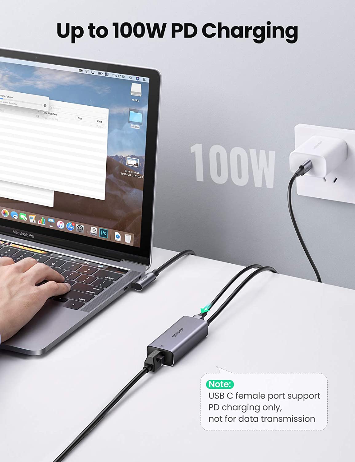 Bộ chuyển đổi UGREEN 80605 USB Type C sang LAN 10/100 Mbps Ethernet và cổng sac nhanh Type-C PD 100W - Hàng nhập khẩu chính hãng