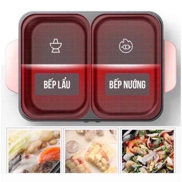 Bếp lẩu nướng 2 ngăn đa năng mini lẩu nướng, điều chỉnh nhiệt độ, chống dính cao cấp siêu sale