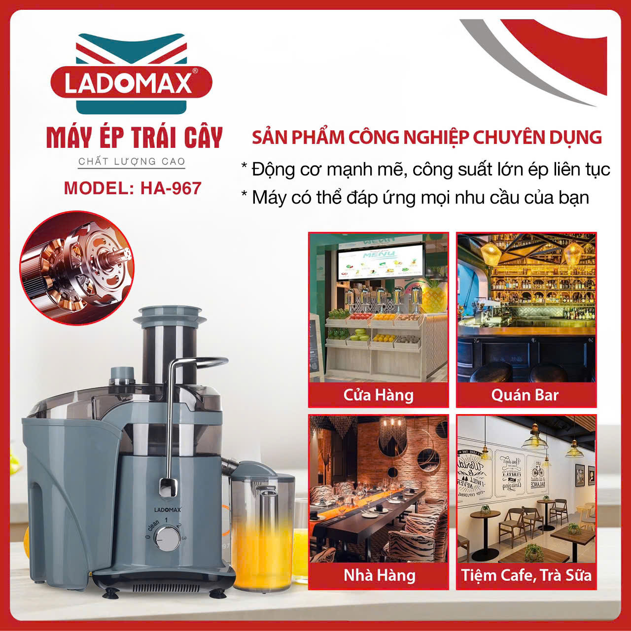 Máy ép trái cây cho quán 1180W thế hệ mới Ladomax HA-967 có chế độ vệ sinh lưới, ép kiệt bã-Hàng chính hãng