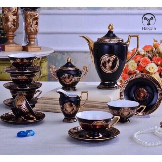 Bộ ấm chén sứ xương cao cấp kèm bình đường rót sữa màu đen mạ vàng phong cách châu âu