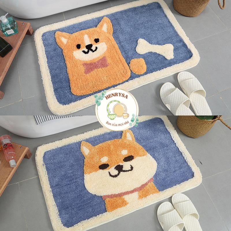 Tham lau chân - Thảm chân hình chú chó shiba 45x65cm cao cấp, chất liệu cotton thấm hút nước tốt - Chính hãng Henrysa