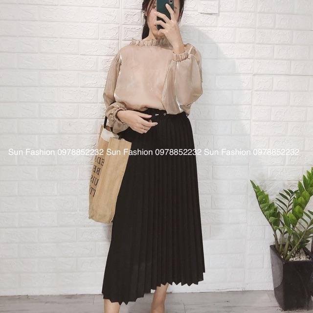 Chân váy midi dập ly dài lưng thun kèm belt