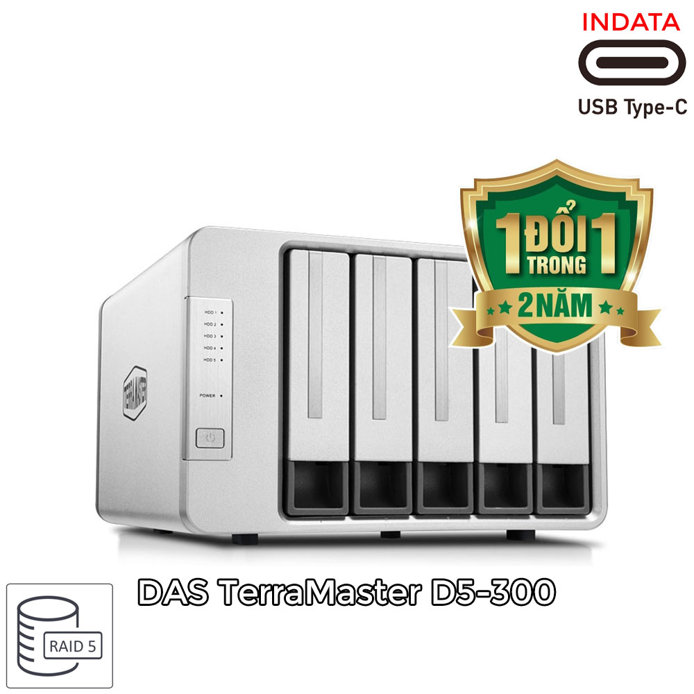 Bộ lưu trữ dữ liệu DAS TerraMaster D5-300, USB-C 3.0 SuperSpeed, 210MB/s, 5 khay ổ cứng RAID 0,1,5,10,CLONE,JBOD,Single - Hàng chính hãng