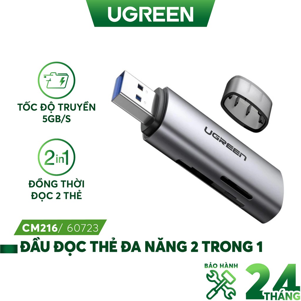 Đầu đọc thẻ USB 3.0 UGREEN 60723 đọc thẻ đa năng SD/ TF - Tốc độ truyền 5GB/s - Hàng nhập khẩu chính hãng