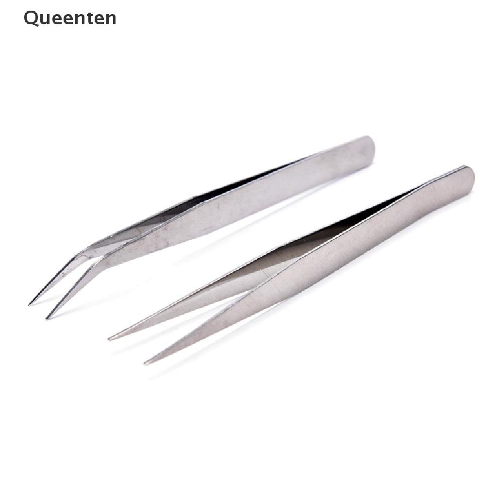 Queenten 2pcs Stainless Steel Straight Elbow Tweezers Patchwork Hook Pick-up Makeup Tools QT