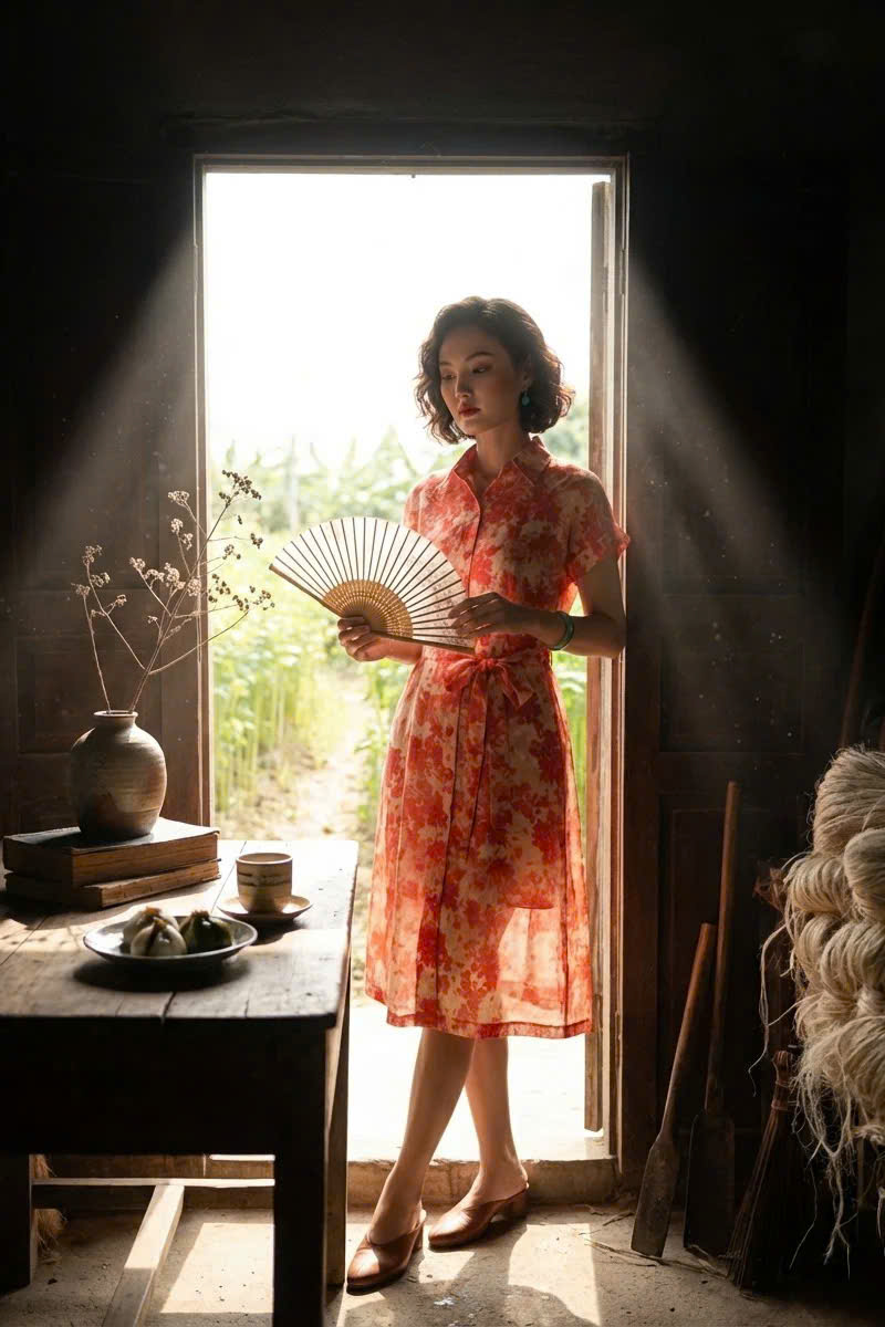 Đầm Sơ Mi Ramie Hoa Đỏ Thanh Minh Dre232 Thời trang Hity