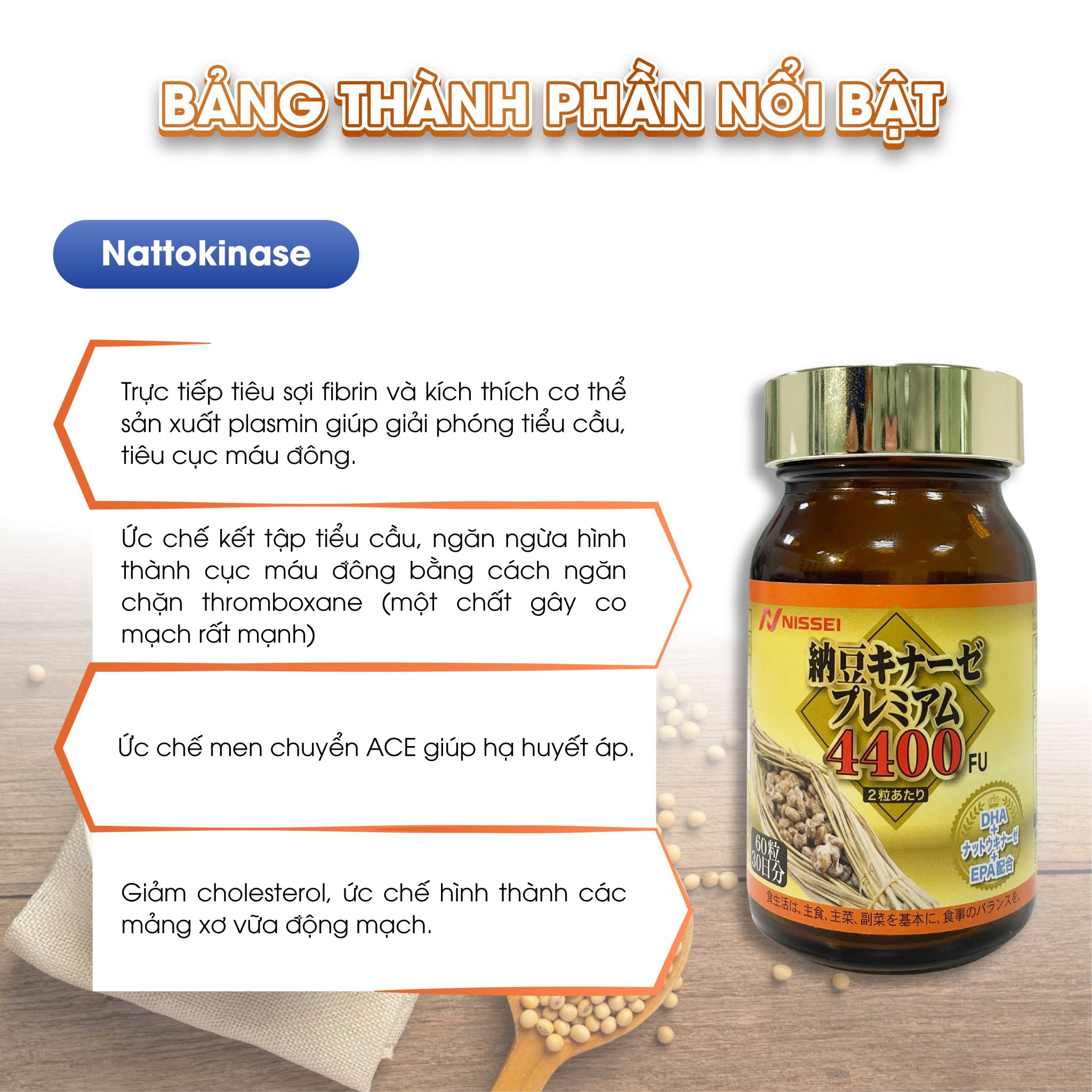Viên phòng ngừa đột quỵ và tai biến Nattokinase 4400FU. Lọ 60 Viên. Chính hãng Nhật Bản. Tăng cường tuần hoàn máu não
