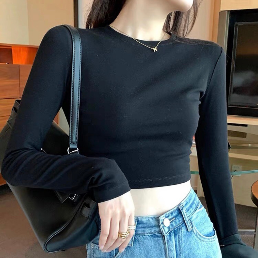 Áo croptop cổ tròn dài tay chất thun co giãn dễ mix đồ freesize