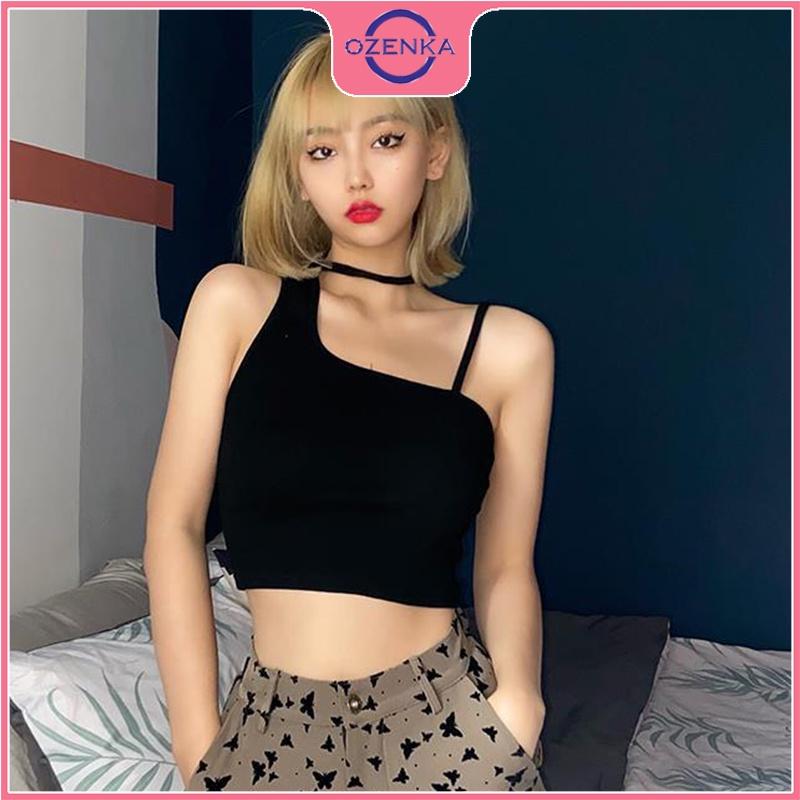 Áo 2 dây croptop nữ, áo thun sát nách ôm body gợi cảm không tay nữ chất cotton cao cấp màu đen trắng dưới 50kg