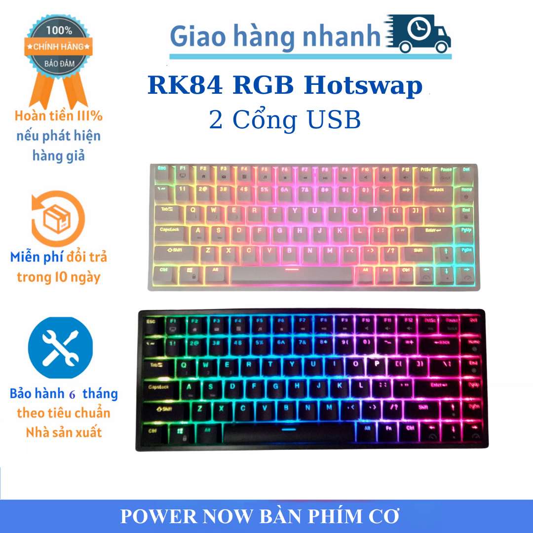 Bàn phím cơ không dây RK84 RGB HOTSWAP. Hàng Chính Hãng Royal Kludge. 2 Cổng USB. Ba Chế Độ Bluetooth 5.0/ Wifi 2.4 GHz– Kèm Receiver/ Có Dây, Nhỏ Gọn