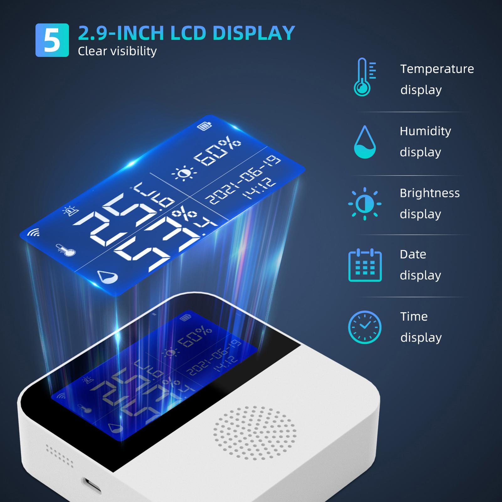 Wi-Fi Temperature Humidity Meter Indoor Hygrometer Temperature Sensor Alarm APP Control 2.9-inch LCD Backlight Display ℃ / ℉ with Time Date for Home