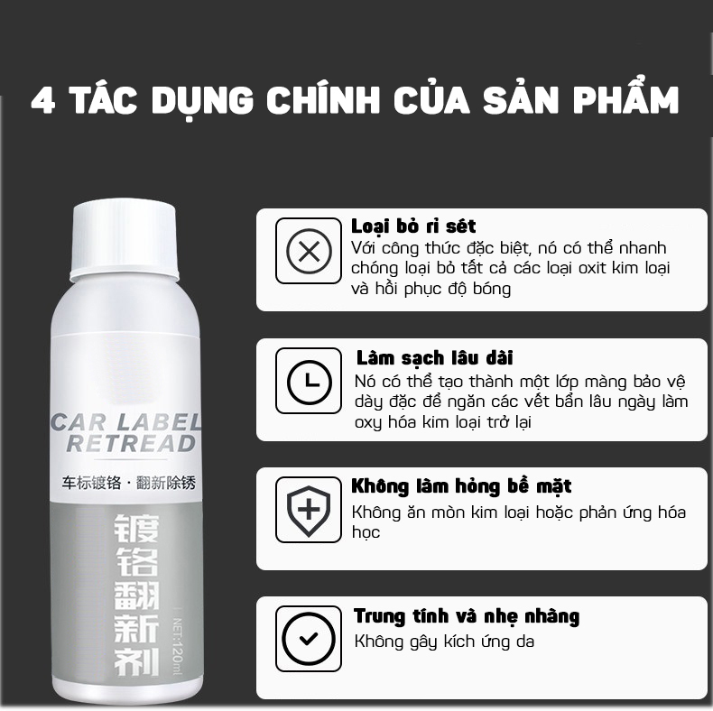 Dung Dịch Tẩy Ố Phục Hồi Và Làm Bóng Mạ Crom Chrome Inox Logo Ô Tô 120ML