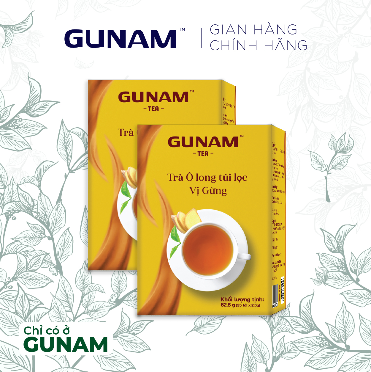 Combo 2 hộp trà Olong túi lọc GUNAM vị gừng (hộp 25 gói x 2,5g)